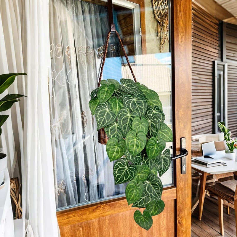 Briful 2PCS Artificial Hanging Plant Faux Anthurium Crystallinum Leaf Bush Fake Plants for Wall, Hanging Artificial Plants Fake Greenery for Home Kitchen Bathroom Shelf Decor - Image 5