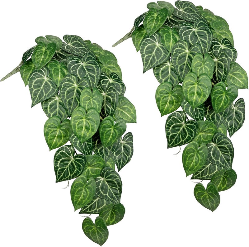 Briful 2PCS Artificial Hanging Plant Faux Anthurium Crystallinum Leaf Bush Fake Plants for Wall, Hanging Artificial Plants Fake Greenery for Home Kitchen Bathroom Shelf Decor - Image 1