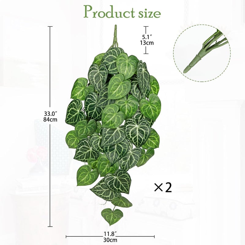 Briful 2PCS Artificial Hanging Plant Faux Anthurium Crystallinum Leaf Bush Fake Plants for Wall, Hanging Artificial Plants Fake Greenery for Home Kitchen Bathroom Shelf Decor - Image 2