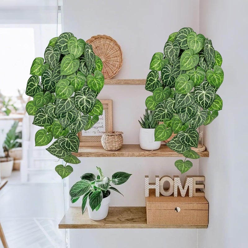 Briful 2PCS Artificial Hanging Plant Faux Anthurium Crystallinum Leaf Bush Fake Plants for Wall, Hanging Artificial Plants Fake Greenery for Home Kitchen Bathroom Shelf Decor - Image 4