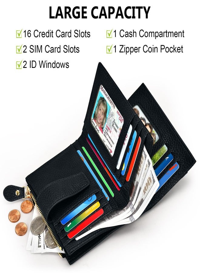 oscaurt Small Wallet Women RFID Blocking Bifold Compact Credit Card Holder Leather Wallets for Women with Zipper Coin Pocket and 2 ID Window, Black, Minimalist - Image 2