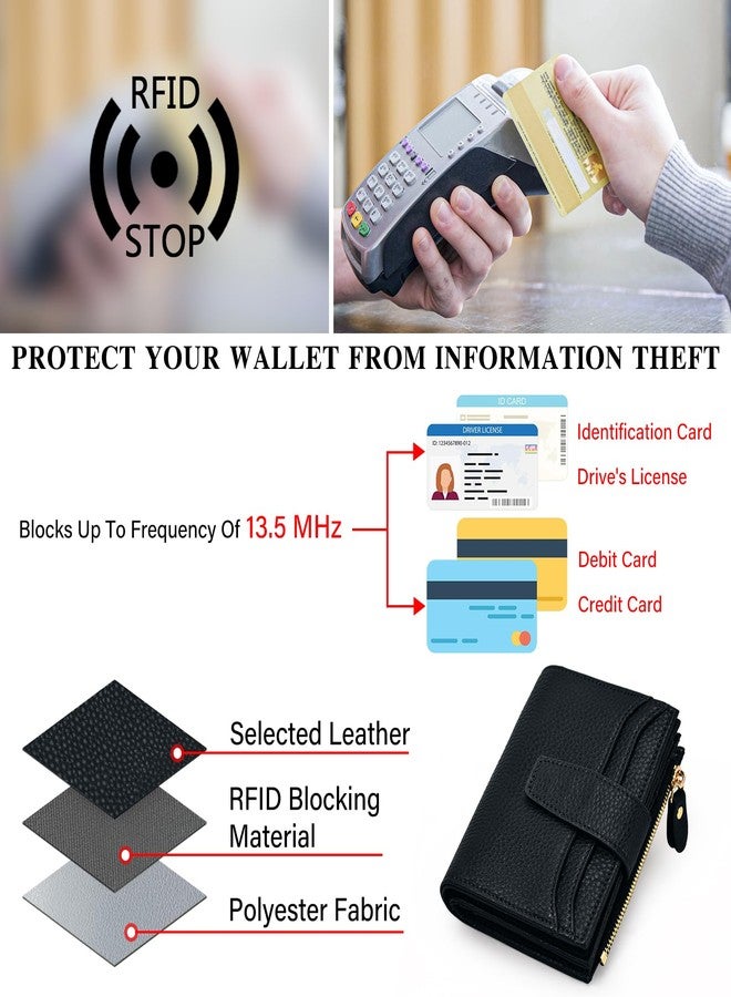 oscaurt Small Wallet Women RFID Blocking Bifold Compact Credit Card Holder Leather Wallets for Women with Zipper Coin Pocket and 2 ID Window, Black, Minimalist - Image 4