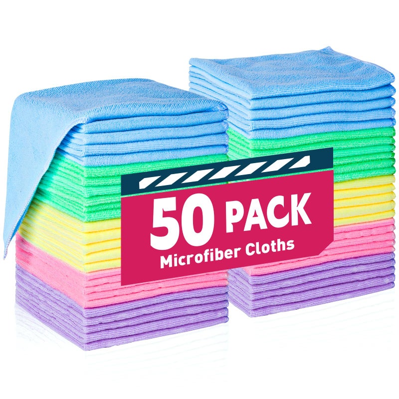 TEAWOO Microfiber Cleaning Cloths-50 Pack, Microfiber Towels Bulk, Towels for Cars & Home, Cleaning Rags 5 Colors Assorted (12x12 inches) - Image 1