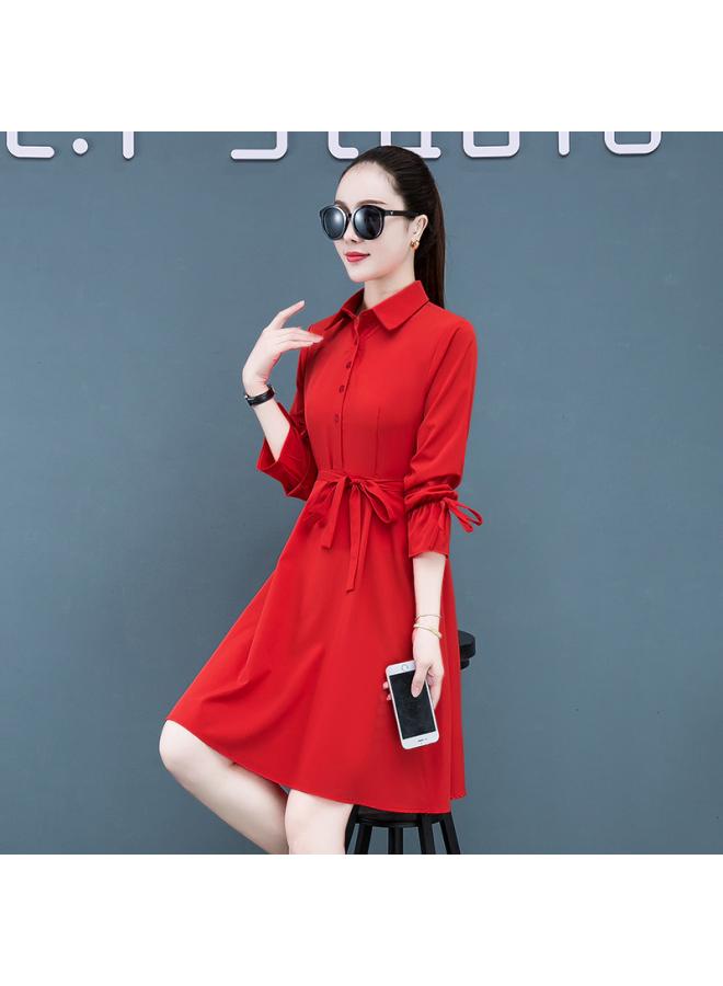 Dress Women's Spring And Summer New Women's Clothing Korean Style Fashion Slim-fit Long Sleeve Mid-length Elegant Red Shirt Dress 