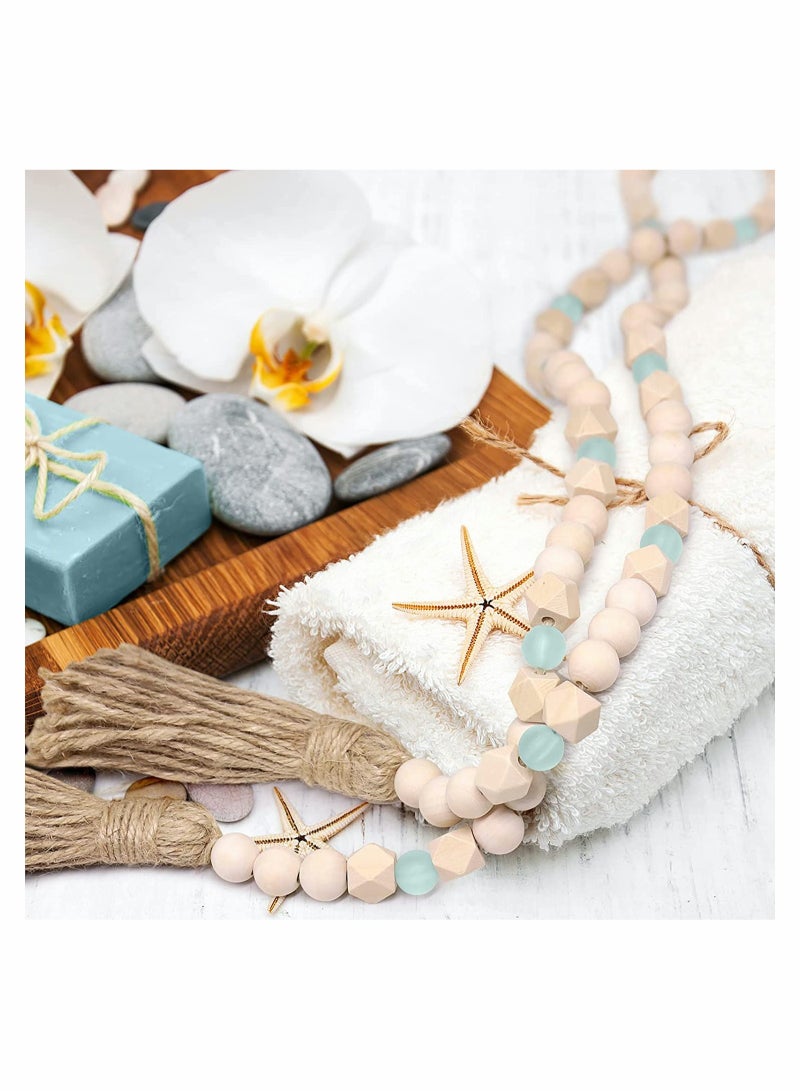 SYOSI Wood Bead Garland with Tassels Geometric Wooden Craft Beads with Aqua Acrylic Beads Boho Farmhouse Country Rustic Wall Hanging Rae Dunn Tiered Tray Coffee Table Beach Decor - Image 4