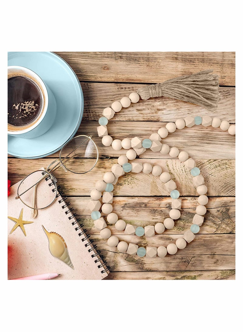 SYOSI Wood Bead Garland with Tassels Geometric Wooden Craft Beads with Aqua Acrylic Beads Boho Farmhouse Country Rustic Wall Hanging Rae Dunn Tiered Tray Coffee Table Beach Decor - Image 3