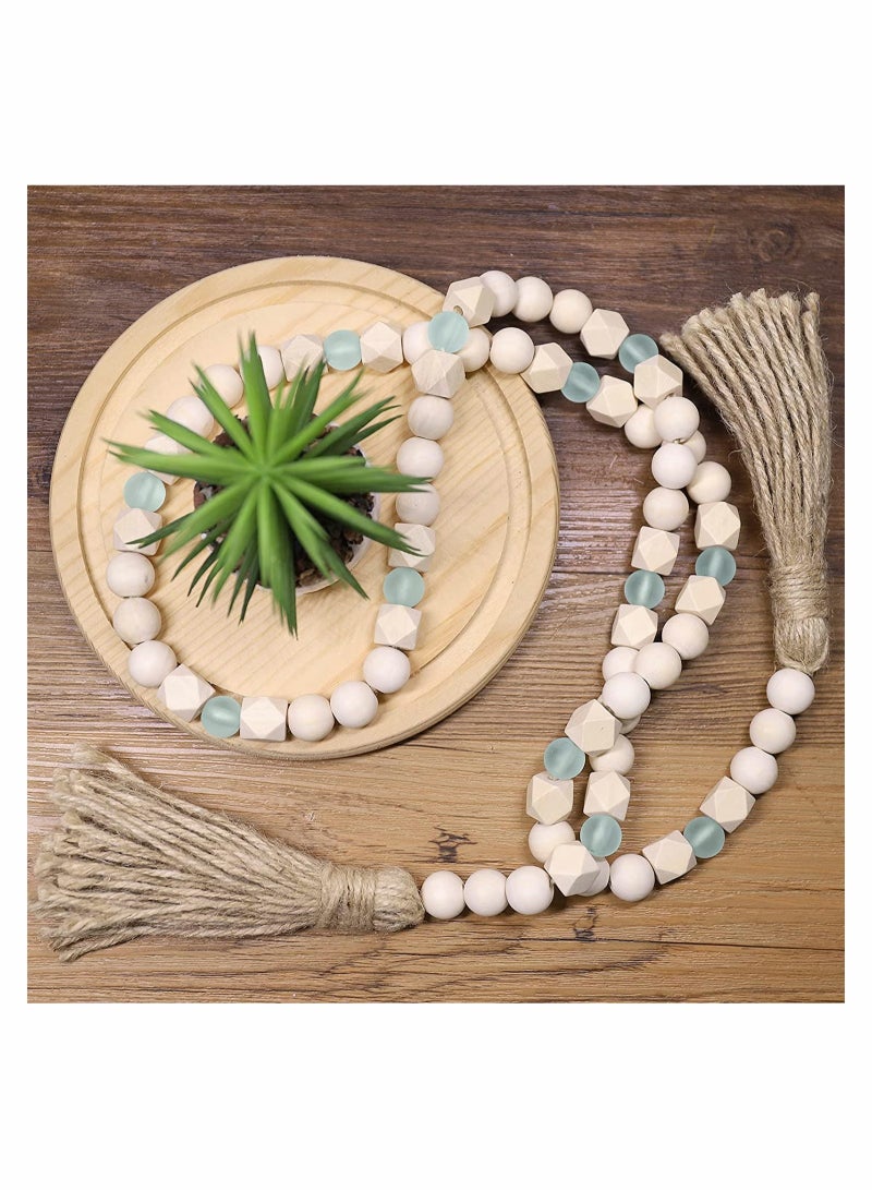 SYOSI Wood Bead Garland with Tassels Geometric Wooden Craft Beads with Aqua Acrylic Beads Boho Farmhouse Country Rustic Wall Hanging Rae Dunn Tiered Tray Coffee Table Beach Decor - Image 2