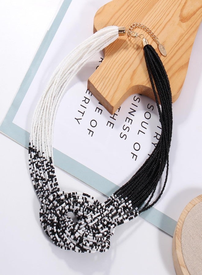 Bocar Statement Beaded Multilayer Chunky Bib Knot Necklace for Women (NK-10316) (Black+White) - Image 3