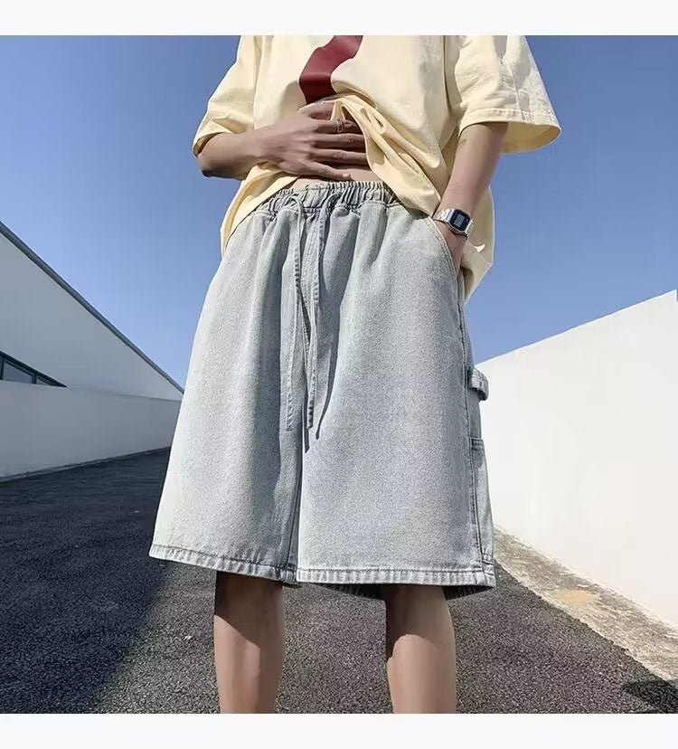Generic 2023 Denim Shorts Mens Summer Loose Straight Tooling Pants American Retro Wide Leg Casual Breeches for Men Light Blue - Image 1