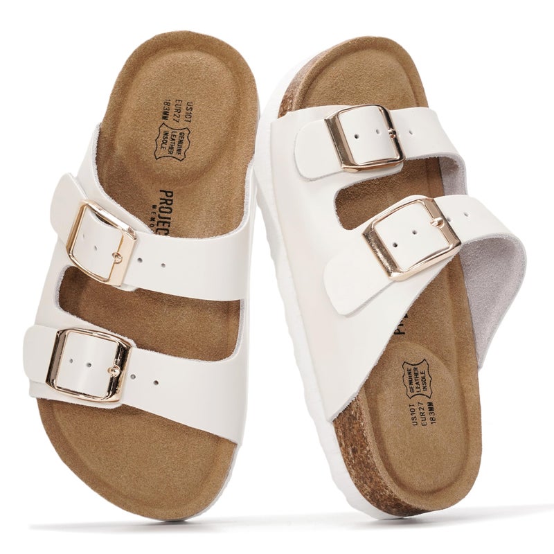 Project Cloud 100% Genuine Leather Kids Sandals - Natural Cork Footbed Non-Slip Slides for Kids - Lightweight Boys & Girls Sandals - Water-Resistant Girls & Boys Sandals (Little Venita, PRLWHT,2K)