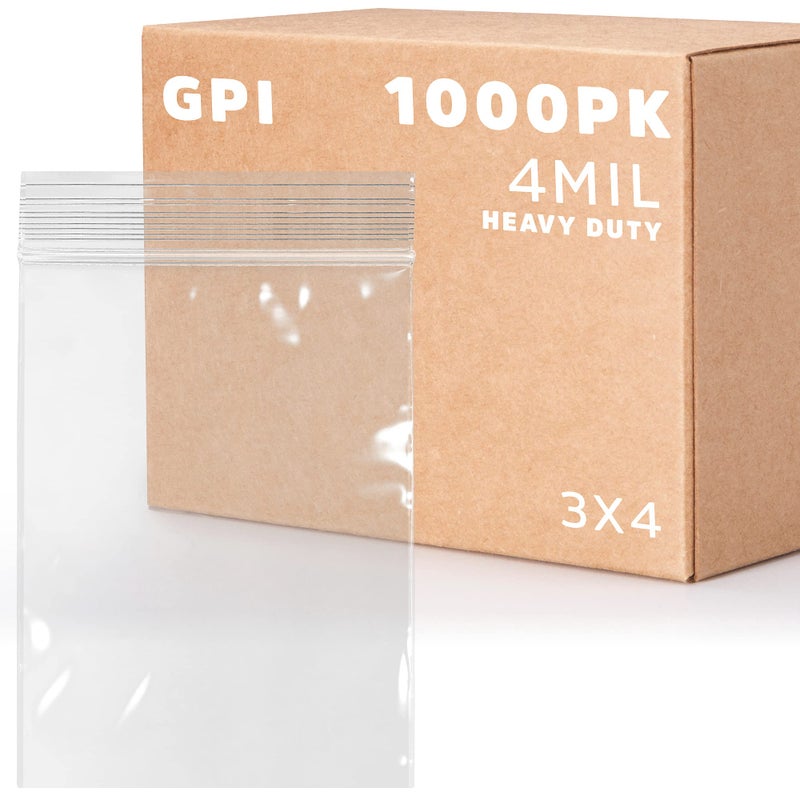 CLEAR PLASTIC REUSABLE ZIP BAGS - Bulk GPI Case of 1000, 3" x 4" 4mil Thick Heavy Duty, Strong & Durable Poly Baggies with Resealable Zip Top Lock For Travel, Storage, Packaging & Shipping.