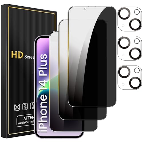 Romkasi 3 Pack Privacy Screen Protector for iPhone 14 Plus 67 Inch with 3 Pack Camera Lens Protector Anti Spy Tempered Glass Film AntiScratch Touch Sensitive Case Friendly - Image 1