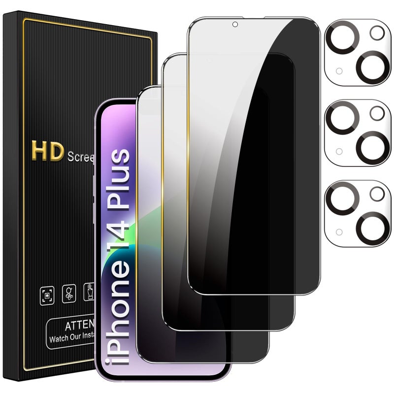Romkasi 3 Pack Privacy Screen Protector for iPhone 14 Plus 67 Inch with 3 Pack Camera Lens Protector Anti Spy Tempered Glass Film AntiScratch Touch Sensitive Case Friendly - Image 3