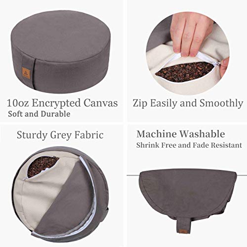 FelizMax Zafu Buckwheat Meditation Cushion,D=33cm/41cm H=14cm,Round Zabuton Meditation Pillow,Yoga Bolster Kneeling Pillow Premium Yoga Pillow Sitting on Floor Zippered Cotton Cover-41cm, Light Grey - Image 4