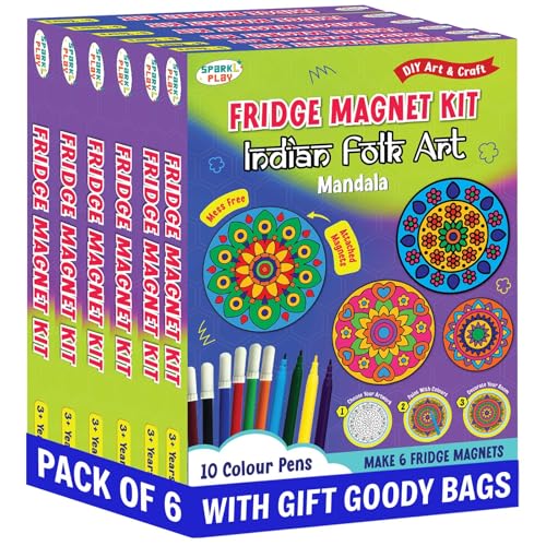 SparkLPlay DIY Art & Craft, Mess-Free (Pack of 6) | Coloring Kit | Birthday Return Gifts for Kids | Per Kit - 6 Magnetic Cutouts & 12 Color Pens. (Mandala) - Image 1