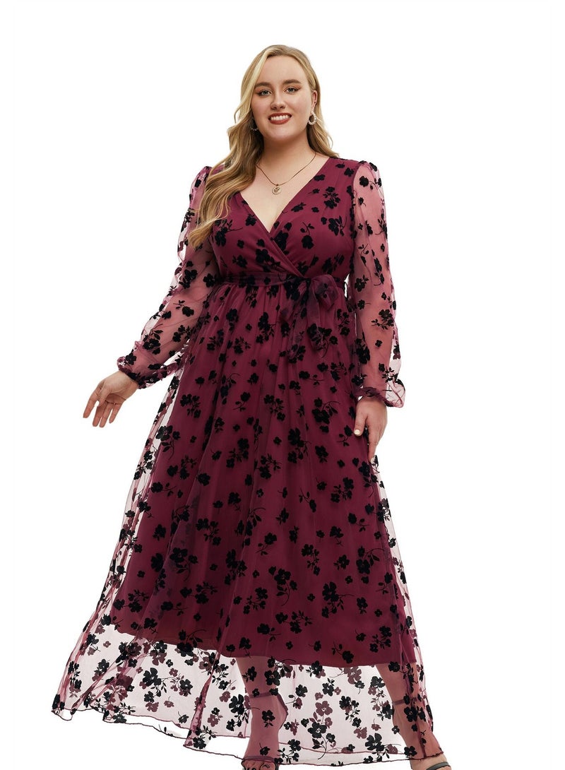 Loquat New V-neck Long sleeved Lace Up Dress Red  - Image 1