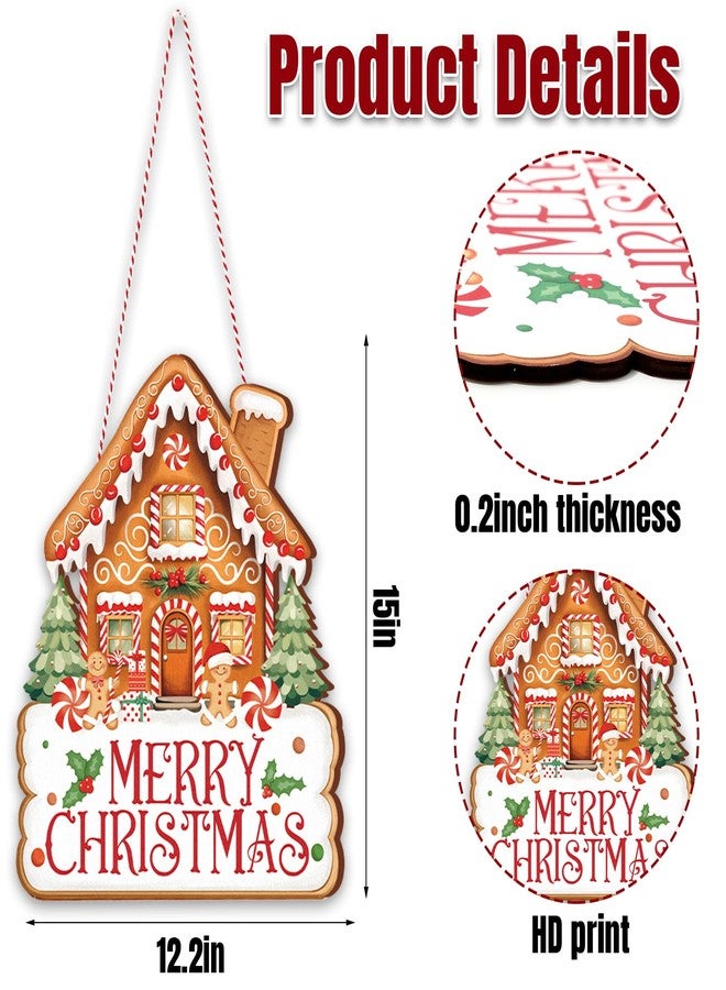 Whaline Merry Christmas Door Sign Outdoor Hanger Gingerbread House Wooden Front Door Hanging Sign with Rope for Xmas Winter Holiday Party Home Wall Porch Decorations - Image 2