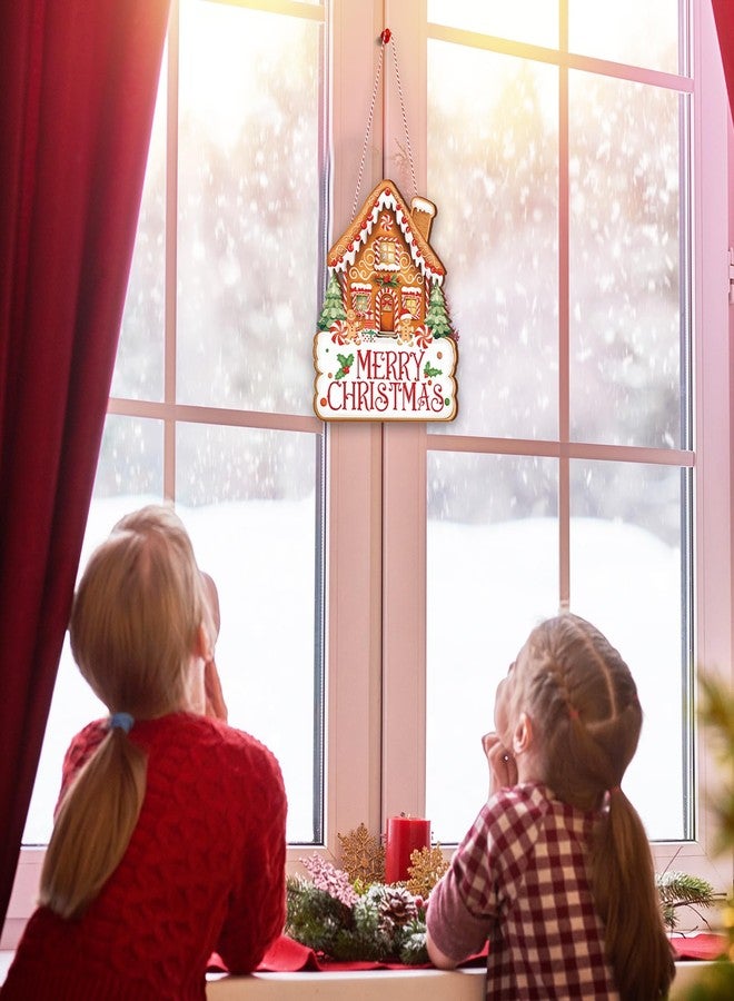 Whaline Merry Christmas Door Sign Outdoor Hanger Gingerbread House Wooden Front Door Hanging Sign with Rope for Xmas Winter Holiday Party Home Wall Porch Decorations - Image 5