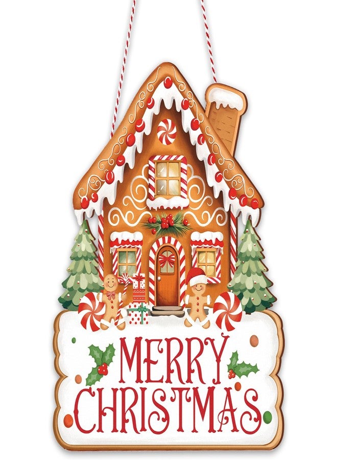 Whaline Merry Christmas Door Sign Outdoor Hanger Gingerbread House Wooden Front Door Hanging Sign with Rope for Xmas Winter Holiday Party Home Wall Porch Decorations - Image 1