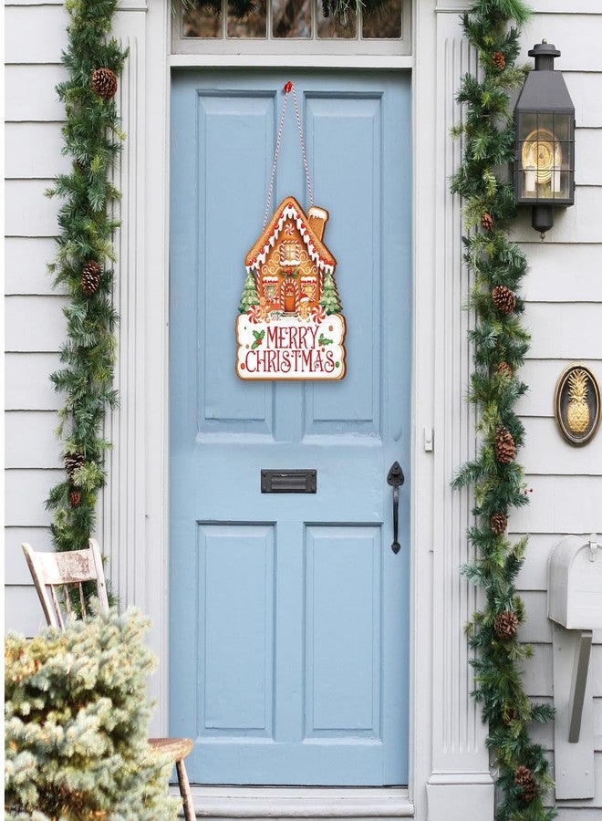 Whaline Merry Christmas Door Sign Outdoor Hanger Gingerbread House Wooden Front Door Hanging Sign with Rope for Xmas Winter Holiday Party Home Wall Porch Decorations - Image 4