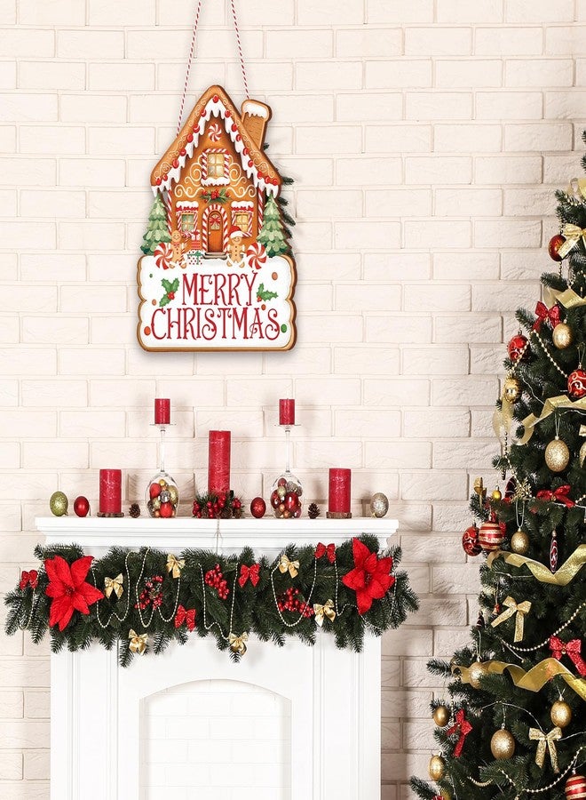 Whaline Merry Christmas Door Sign Outdoor Hanger Gingerbread House Wooden Front Door Hanging Sign with Rope for Xmas Winter Holiday Party Home Wall Porch Decorations - Image 3
