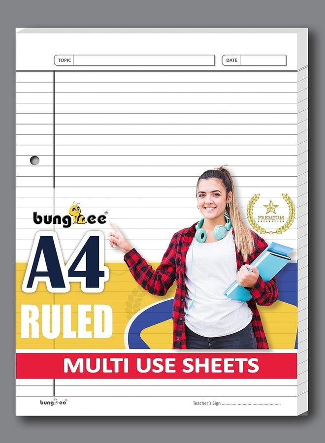 Bungbee Ruled Sheets A4 Size 90 GSM White Both Side Rule for Assignment, Project Work, Exam - 80 Sheets Loose Paper Bundle with Border, Punched, Grey Colour Rule and Margin - Acer Edition - Image 1