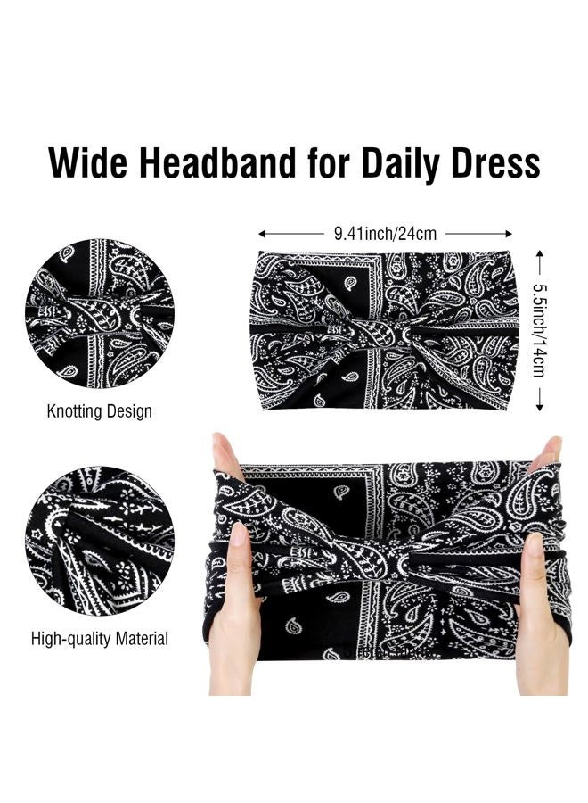 Huachi Bnanda Black Paisley Printed Boho Turban Headbands - 4 Pack Wide Non-Slip Knotted Hair Accessories for Women, Yoga, Summer  - Image 2
