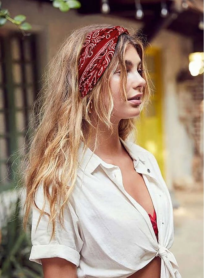 Huachi Bnanda Black Paisley Printed Boho Turban Headbands - 4 Pack Wide Non-Slip Knotted Hair Accessories for Women, Yoga, Summer  - Image 5