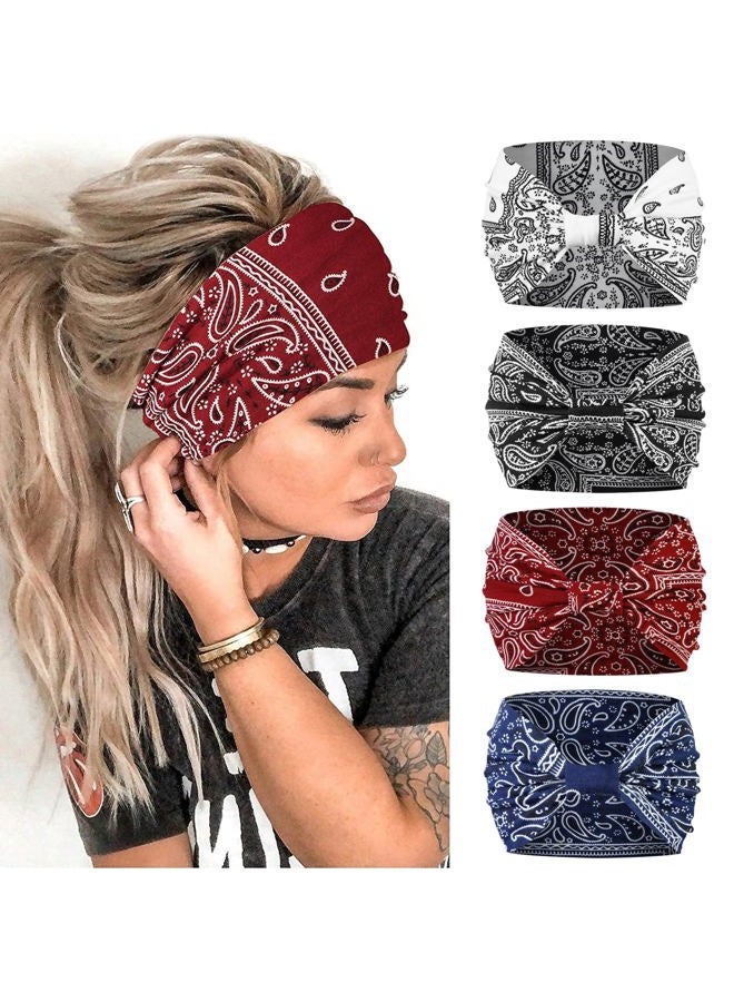 Huachi Bnanda Black Paisley Printed Boho Turban Headbands - 4 Pack Wide Non-Slip Knotted Hair Accessories for Women, Yoga, Summer  - Image 1