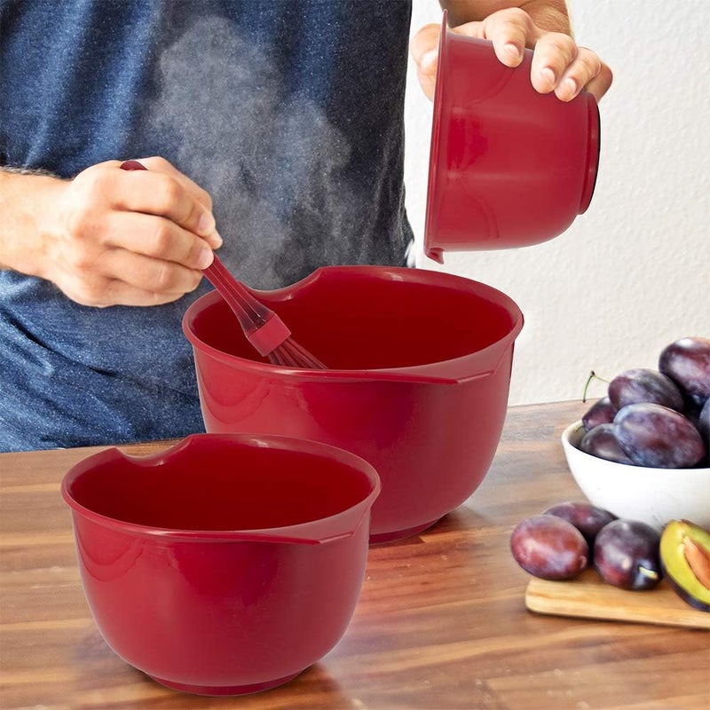 Glad Mixing Bowls with Pour Spout, Set of 3 | Nesting Design Saves Space | Non-Slip, BPA Free, Dishwasher Safe Plastic | Kitchen Cooking and Baking Supplies, Red - Image 4