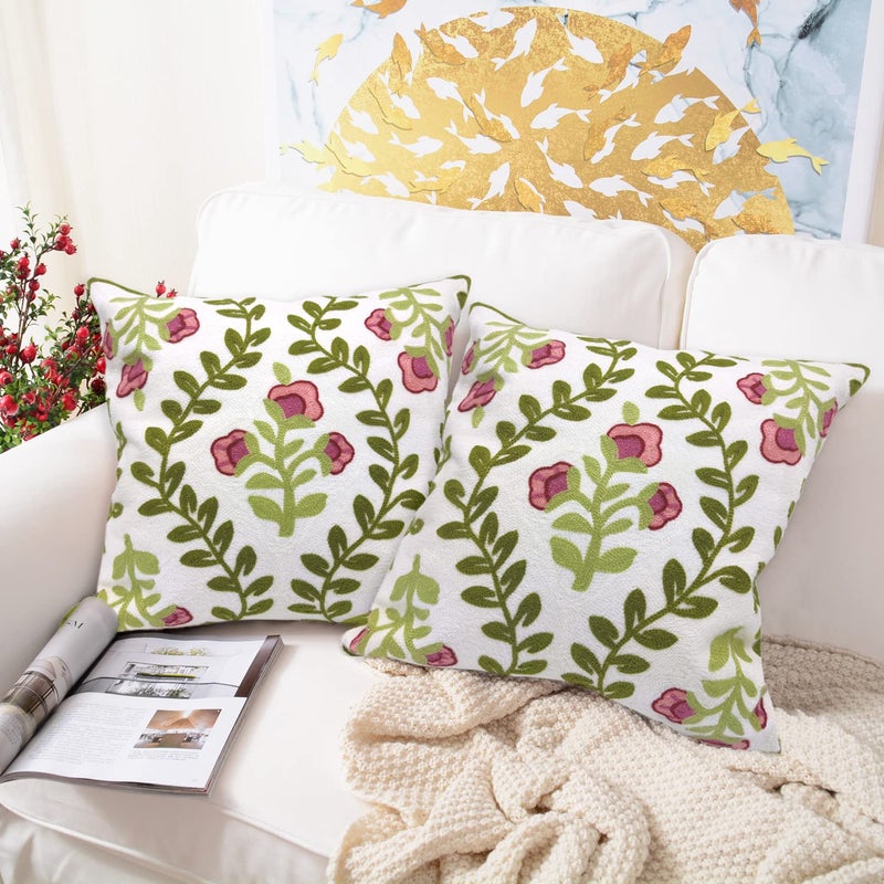 Alysheer Floral Embroidered Summer Decorative Throw Pillow Covers 18x 18 Set of 2 Farmhouse Cottage Pink Flowers Green Leaves Knit Pattern Cotton Canvas Cushion Case for Sofa Couch Bed Living Room
