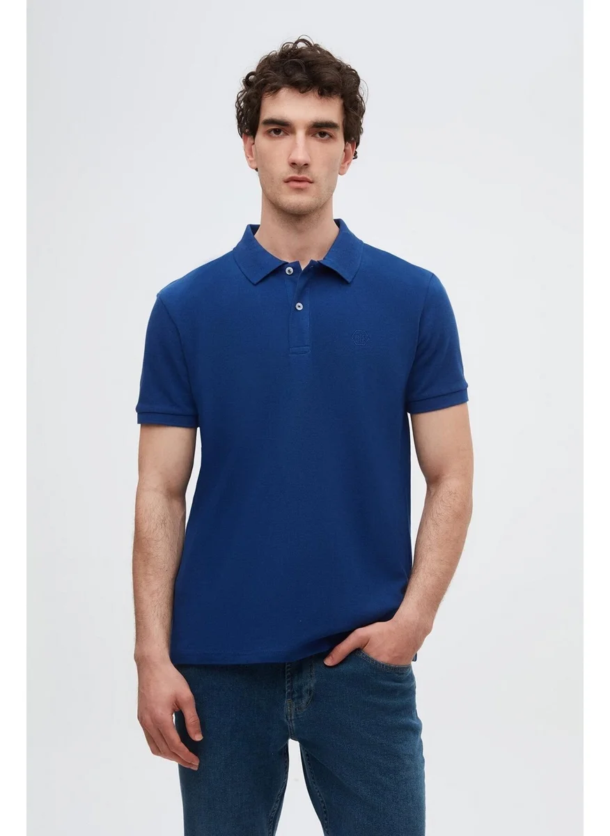 D'S DAMAT Regular Fit Saxe Blue Pique Textured 100% Cotton Non-Curl Polo Collar Embroidered T-Shirt 4HC14ORT51000