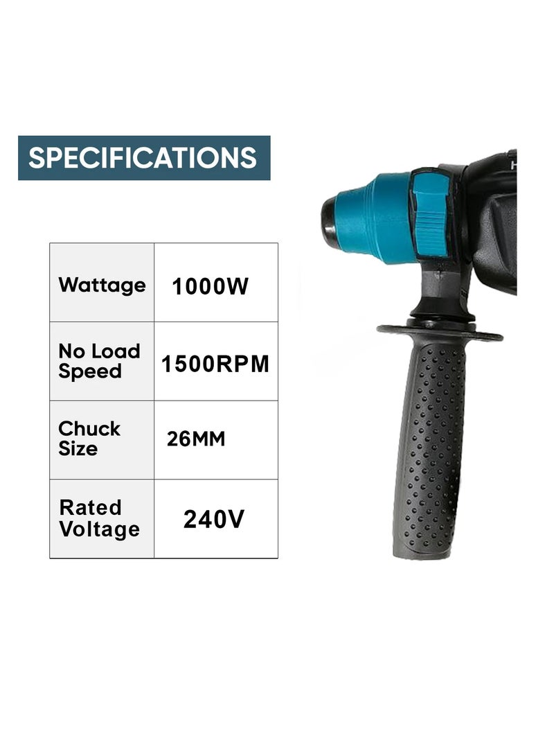 مطرقة ثقب كهربائية (دريل) بقوة 1000 واط، طراز SDS Plus بقطر 26 مم، طقم مطرقة دوارة مزود بـ 6 ريش ثقب، مقبض مساعد، حقيبة حمل، ومقياس للعمق؛ مثقاب كهربائي شديد التحمل بسرعة 1500 دورة في الدقيقة، مخصص للعمل على الخرسانة، الطوب، الخشب، المعادن، والبلاط. - Image 4