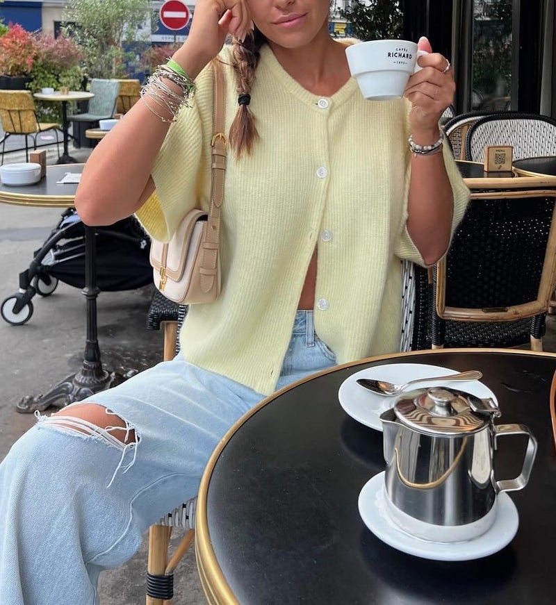 KMBANGI Women Knitted Cropped Blouse Short Sleeve Button Down Knit Shirt Crop Cardigan Y2k Open Front Pullover Tops(Cute Yellow,M) - Image 3