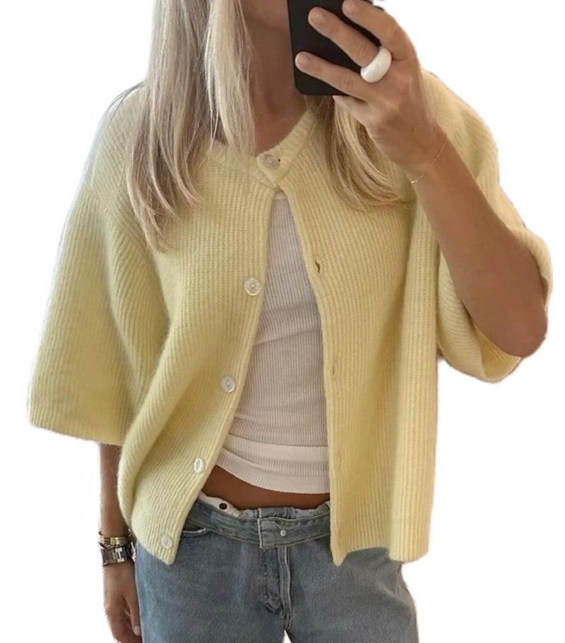 KMBANGI Women Knitted Cropped Blouse Short Sleeve Button Down Knit Shirt Crop Cardigan Y2k Open Front Pullover Tops(Cute Yellow,M) - Image 1
