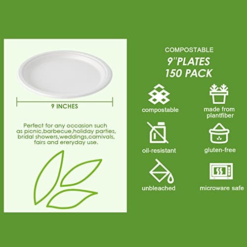 Vplus 150 Pack Paper Plates 9 inch 100% Compostable, Heavy-Duty Disposable Paper Plates Bagasse Natural Biodegradable Eco-Friendly Sugarcane（White） - Image 3