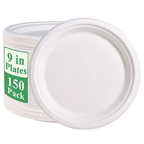 Vplus 150 Pack Paper Plates 9 inch 100% Compostable, Heavy-Duty Disposable Paper Plates Bagasse Natural Biodegradable Eco-Friendly Sugarcane（White） - Image 1