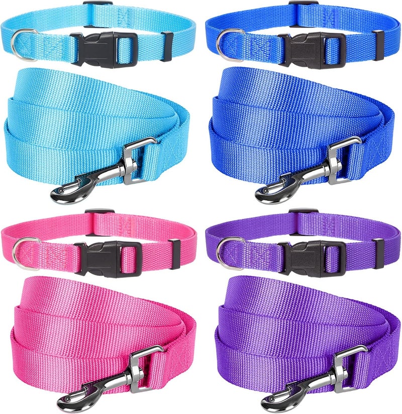 Weewooday 8 Pieces Dog Collar and Leash Set Nylon Adjustable Dog Collars and Leash Personalized Puppy Collars for Small Medium Large Pet Dog Walking Training, 4 Colors - Image 1