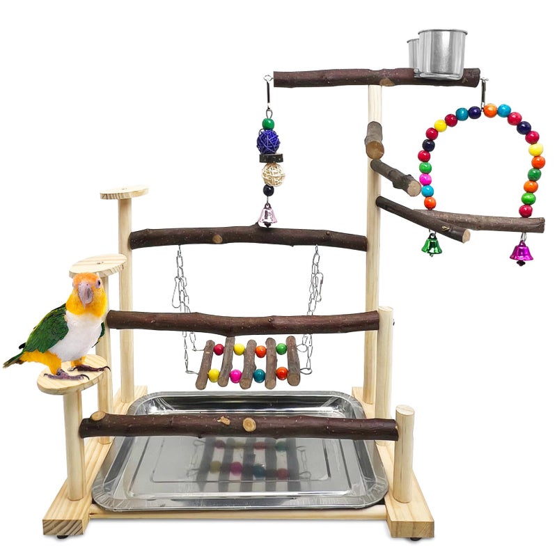 Kathson Wood Bird Playground Parrot Play Stand Bird Stand with Feeder Cups Birds Perch Stand with Ladder Hanging Swing Chewing Toys Conure Cage Accessories for Parakeet Conure Lovebird Cockatiel - Image 1