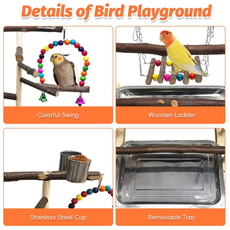 Kathson Wood Bird Playground Parrot Play Stand Bird Stand with Feeder Cups Birds Perch Stand with Ladder Hanging Swing Chewing Toys Conure Cage Accessories for Parakeet Conure Lovebird Cockatiel - Image 5