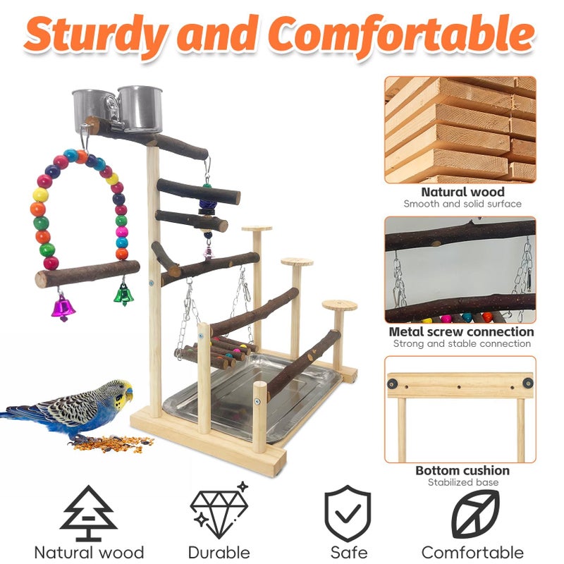 Kathson Wood Bird Playground Parrot Play Stand Bird Stand with Feeder Cups Birds Perch Stand with Ladder Hanging Swing Chewing Toys Conure Cage Accessories for Parakeet Conure Lovebird Cockatiel - Image 4