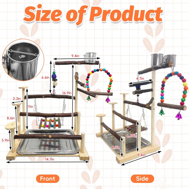 Kathson Wood Bird Playground Parrot Play Stand Bird Stand with Feeder Cups Birds Perch Stand with Ladder Hanging Swing Chewing Toys Conure Cage Accessories for Parakeet Conure Lovebird Cockatiel - Image 3