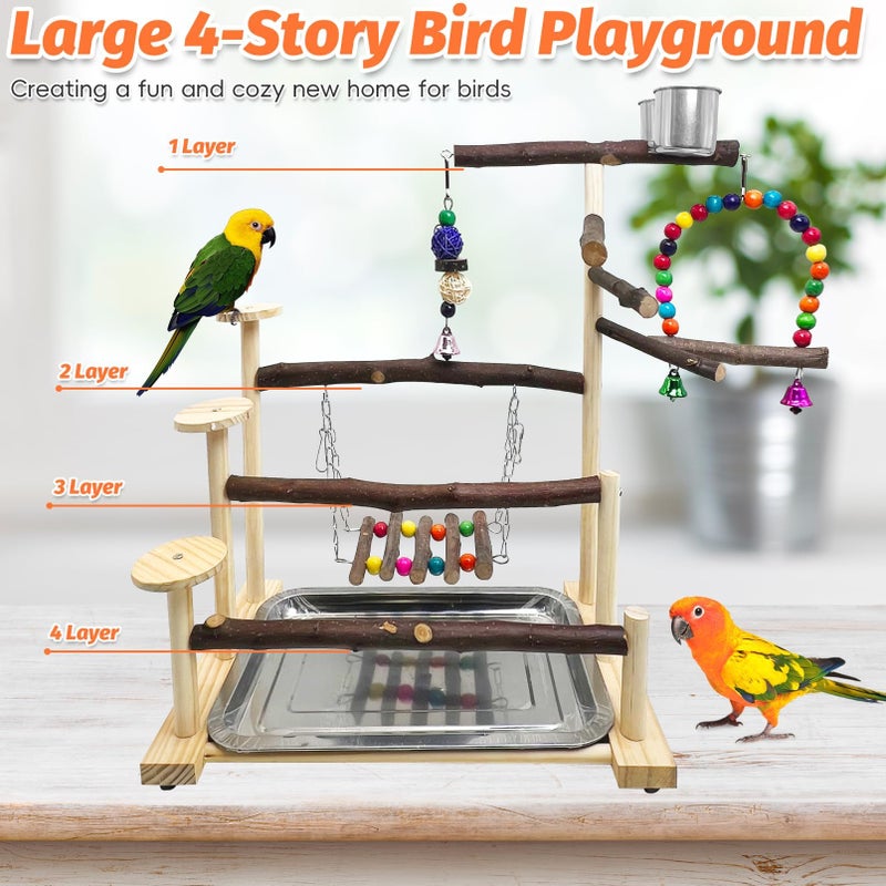 Kathson Wood Bird Playground Parrot Play Stand Bird Stand with Feeder Cups Birds Perch Stand with Ladder Hanging Swing Chewing Toys Conure Cage Accessories for Parakeet Conure Lovebird Cockatiel - Image 2