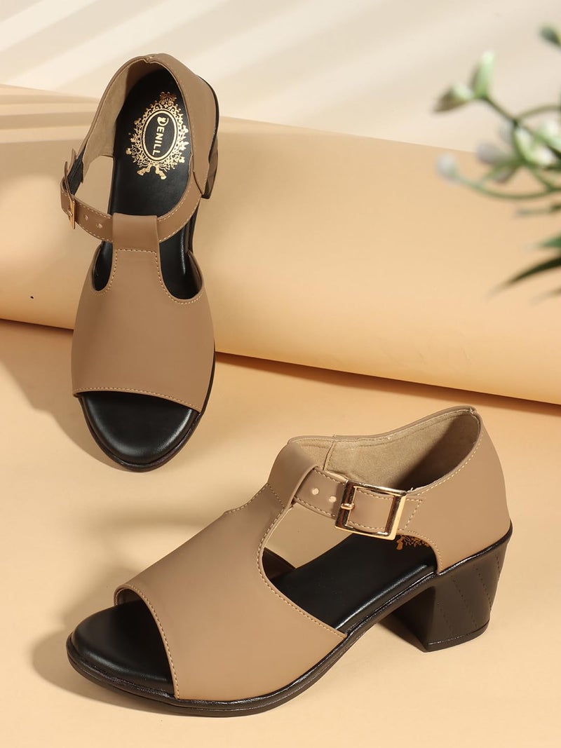 Denill Fancy & Comfortable Black Heel Sandal with Ankle Strap for women & Girls (Beige) Uk-6 - Image 3
