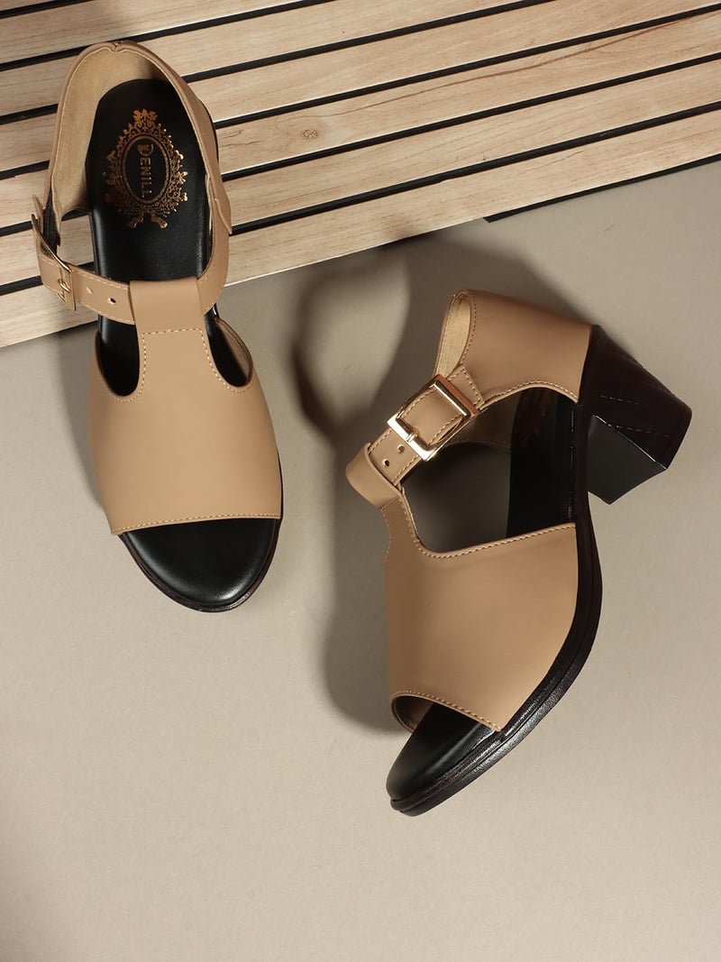 Denill Fancy & Comfortable Black Heel Sandal with Ankle Strap for women & Girls (Beige) Uk-6 - Image 2