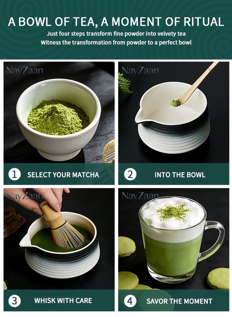 NayZaan Matcha Tea Set 4-Piece Traditional Matcha Tool Kit with Handcrafted Bamboo Chasen Whisk Ceramic Chawan Bowl Chasen Stand and Tea Scoop Gradient Blue Two-Tone Ideal for Daily Use Gift and Home Brewing - Image 4