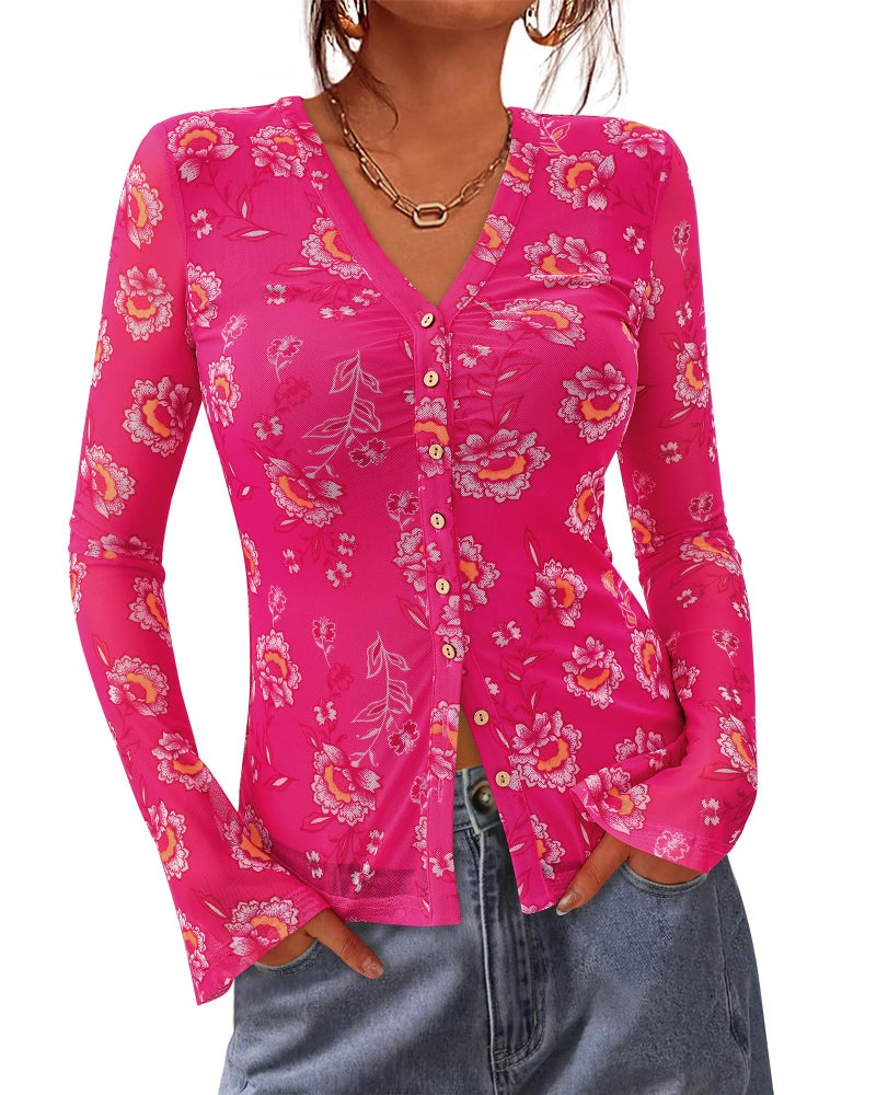 BTFBM Button Down Shirts for Women 2026 Spring Boho Tops V Neck Long Sleeve Blouses Ruched Mesh Fitted Fashion Clothing(Hot Pink, Small) - Image 1