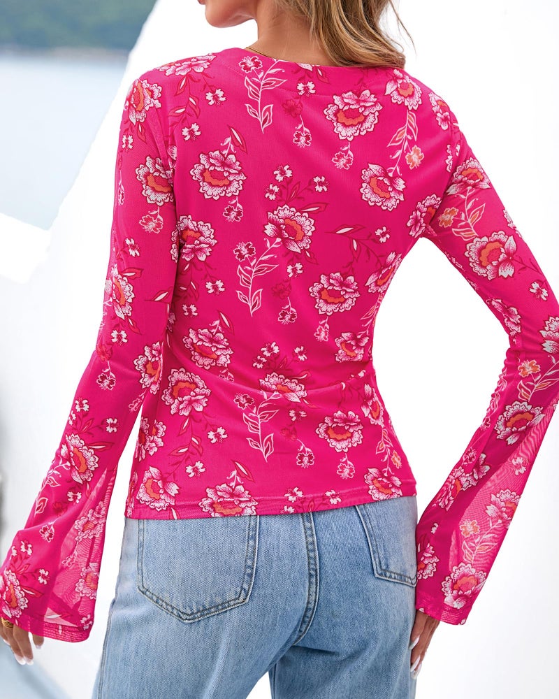 BTFBM Button Down Shirts for Women 2026 Spring Boho Tops V Neck Long Sleeve Blouses Ruched Mesh Fitted Fashion Clothing(Hot Pink, Small) - Image 3
