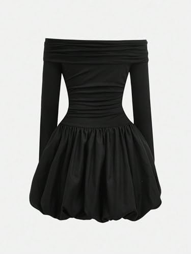 WDIRARA Girl's Off the Shoulder Bubble Dress Ruched Long Sleeve Dance Party Dress Black 8Y - Image 2