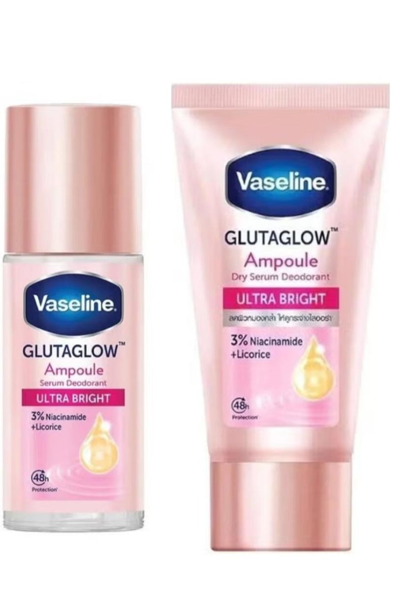 فازلين أفضل مجموعة من قطعتين من مزيل العرق: سيروم رول أون، أمبولة جلوتا جلو، مزيل عرق فائق الإشراق، 45 مل + سيروم مزيل عرق جاف، أمبولة جلوتا جلو، مزيل عرق فائق الإشراق، 45 مل